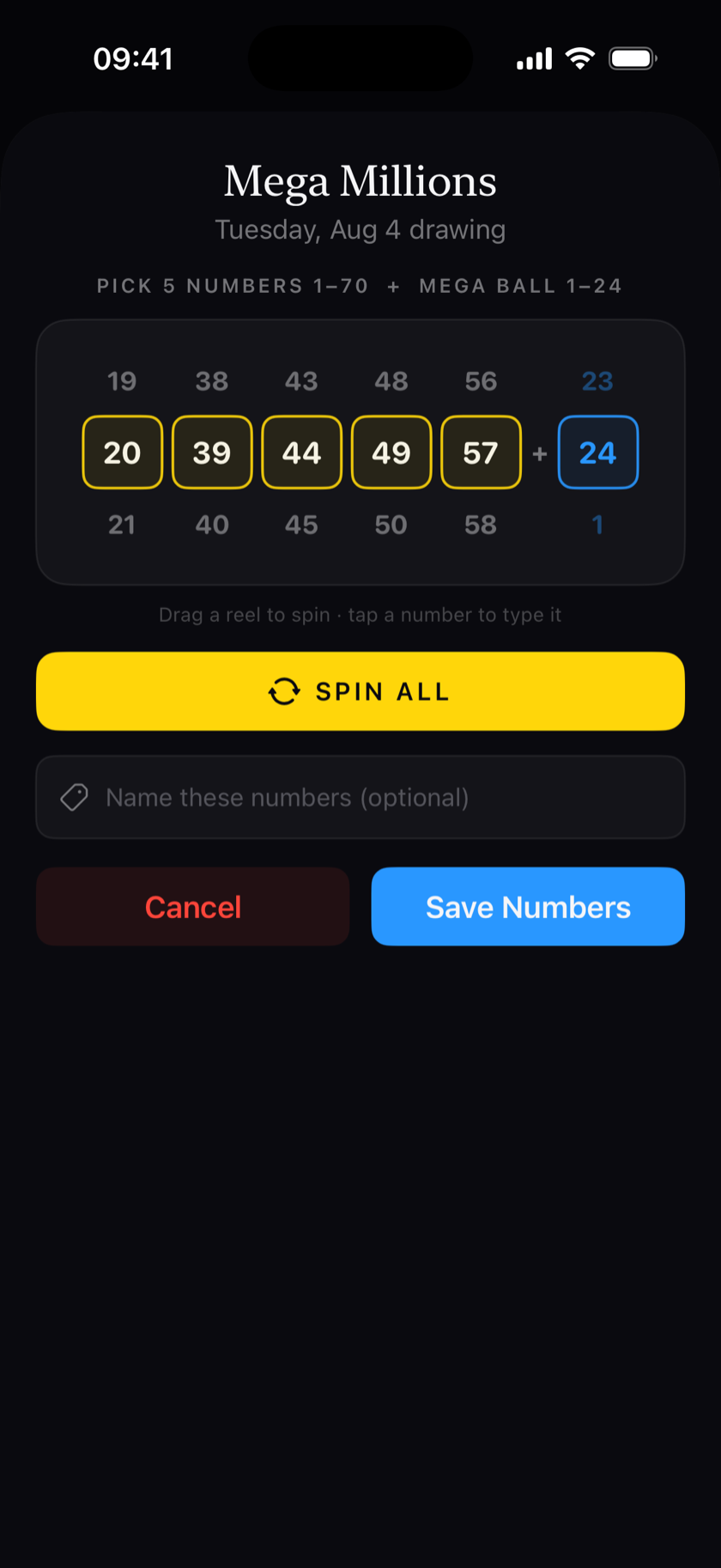 Lottery Dreams slot machine number picker with six reels, a gold Spin All button, and a field to name the number set