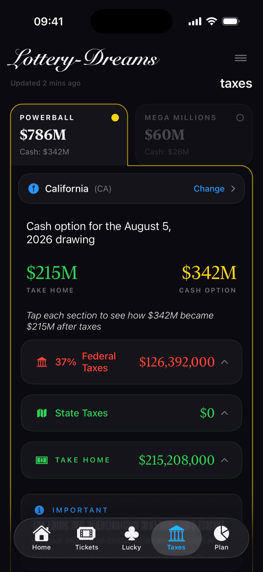 Lottery Dreams tax breakdown screen showing a $342 million cash option reduced to a $215 million take-home for California, with federal taxes at 37 percent and zero state tax